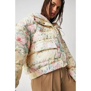 Selkie fantasy yellow floral hooded puffer jacket